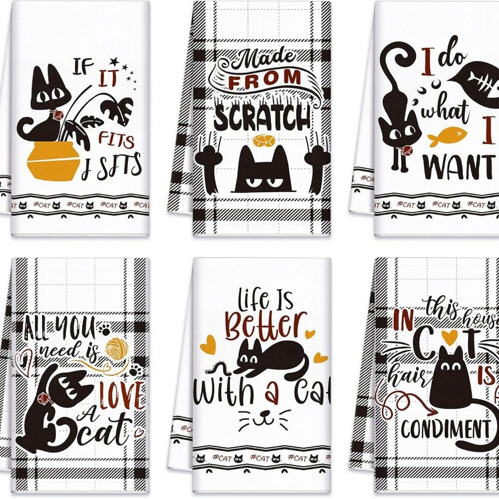 6‎ Pcs Black Cat Theme Kitchen Towels Funny Dish Towel
